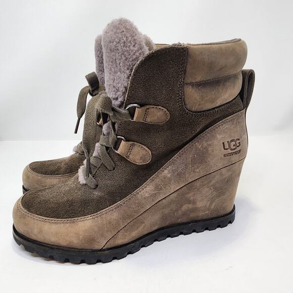 UGG Valory Mole Brown Suede Leather Wedge Boot Women Size 8 Waterproof Lace Up - Picture 4 of 9